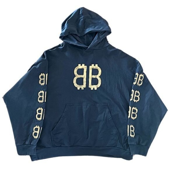 SOLD * Balenciaga Crypto BB Logo Hoodie Washed Blue Unisex Size L - Picture 2 of 10